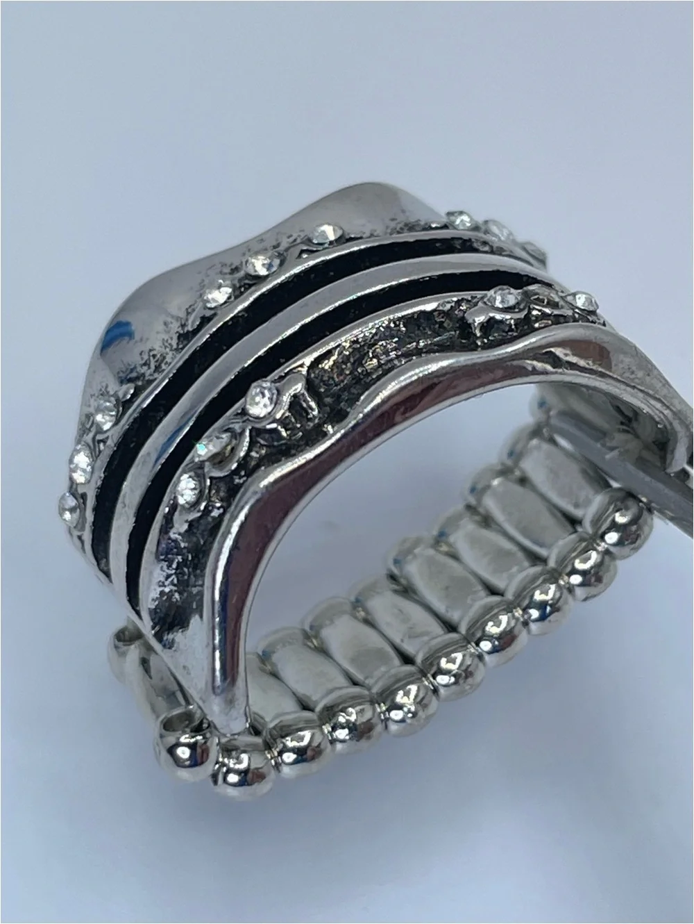 Silver Tone Crystal Stretch Ring Wide Band Statement Ring